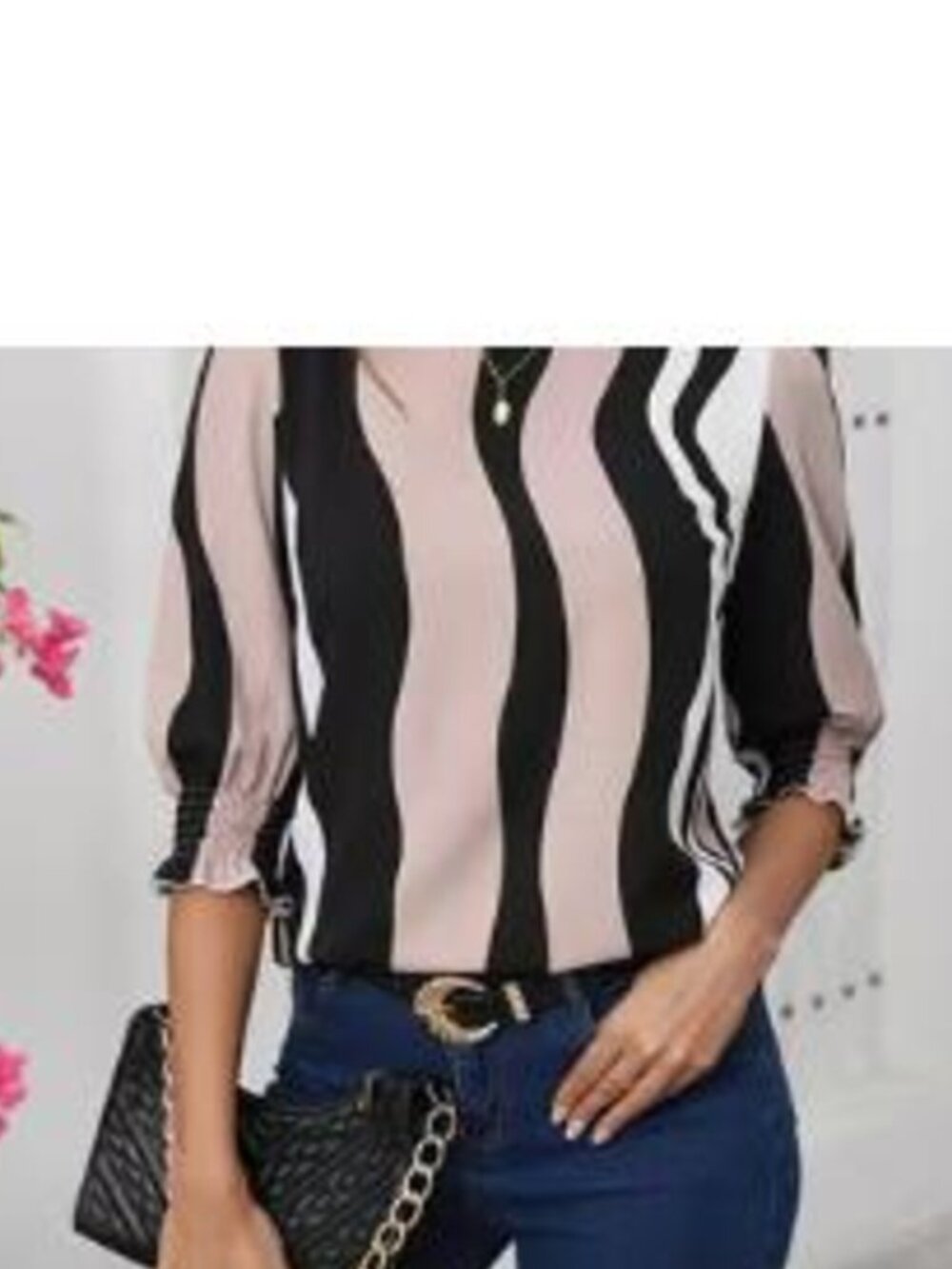 100% Polyester Three-Quarter Shirred Sleeves Elegant Women's Top Trendy Chic
